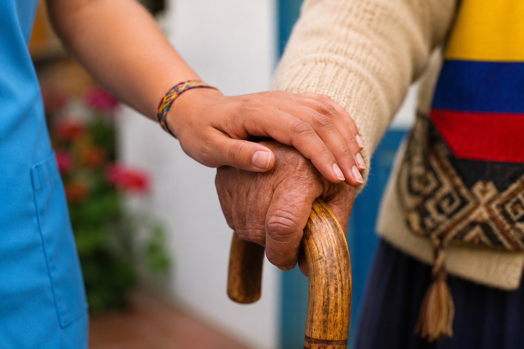 Mano de una persona joven acompañando y sosteniendo la mano de un adulto mayor sobre su bastón.