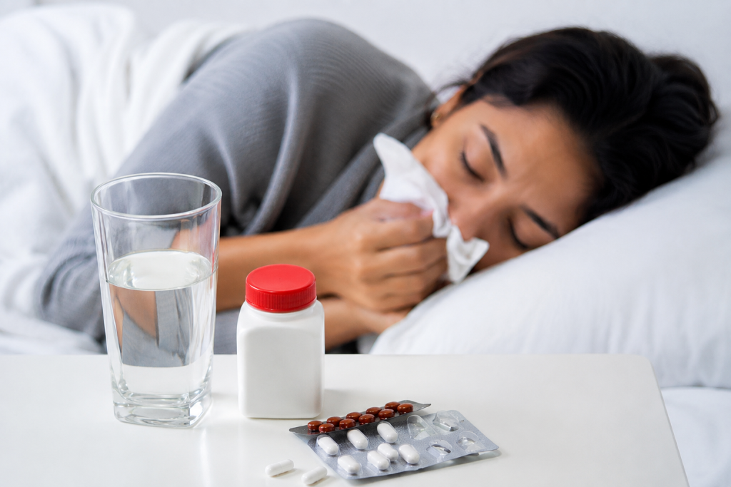 Mujer enferma en cama junto a medicamentos y un vaso de agua.