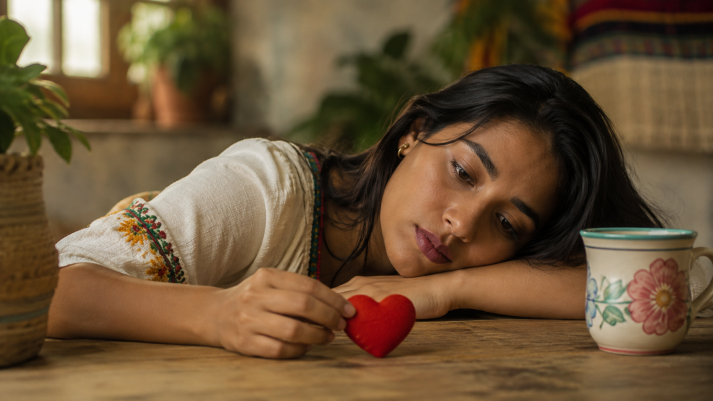 Mujer colombiana reflejando tristeza y nostalgia por una experiencia de amor